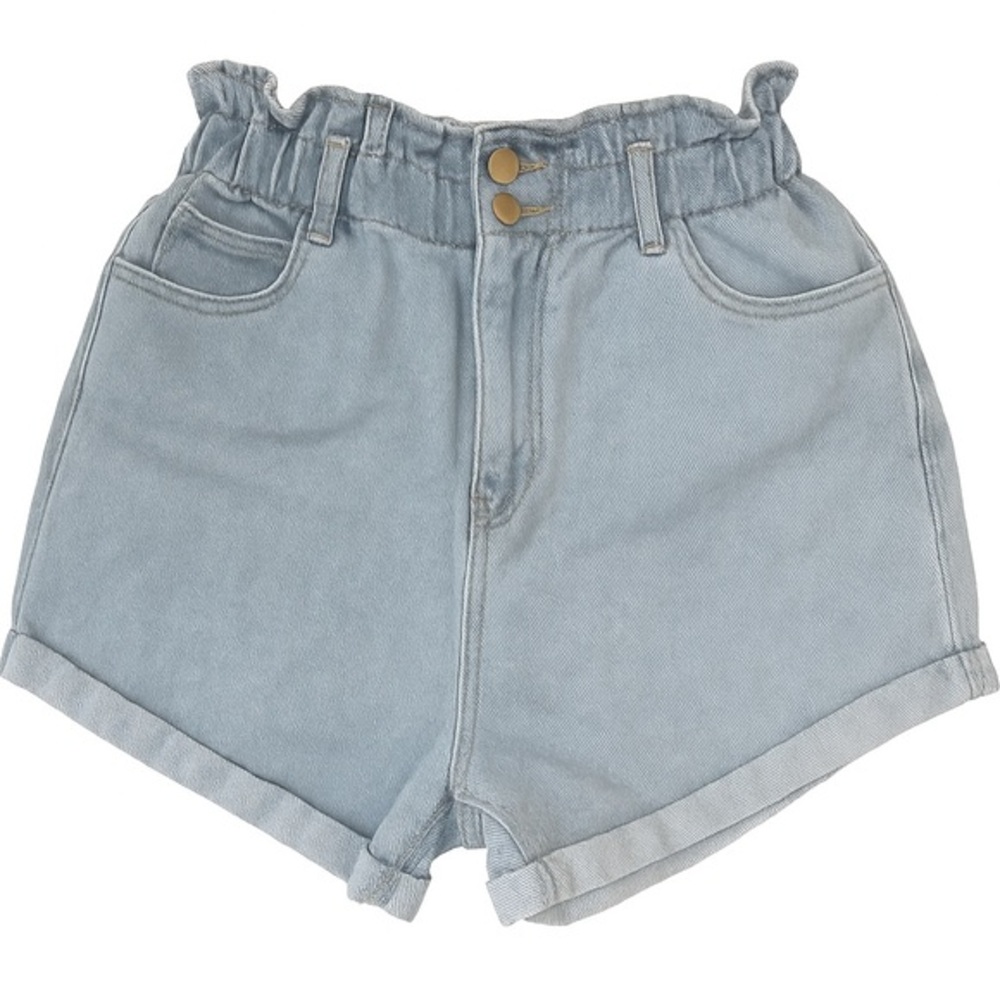 Plaid & Plain Medium Elastic Waist Paper Bag High Rise Denim Shorts